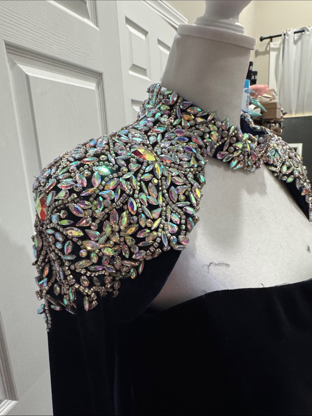 Navy Velvet Evening Gown with Jeweled Crystal Capelet **no low offers** - Picture 2 of 5